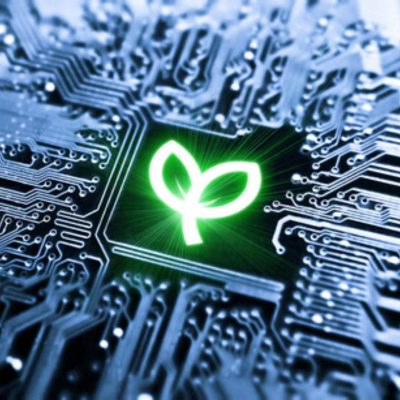 BENCOR's commitment to environmentally friendly practices in PCB manufacturing, illustrated by a green plant icon on a blue PCB background, symbolizing green computing.