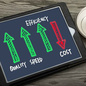 BENCOR's formula for PCB assembly cost reduction: improved Efficiency, Quality, and Speed lead to reduced Costs, illustrated with upward green arrows and a downward red arrow on a tablet.