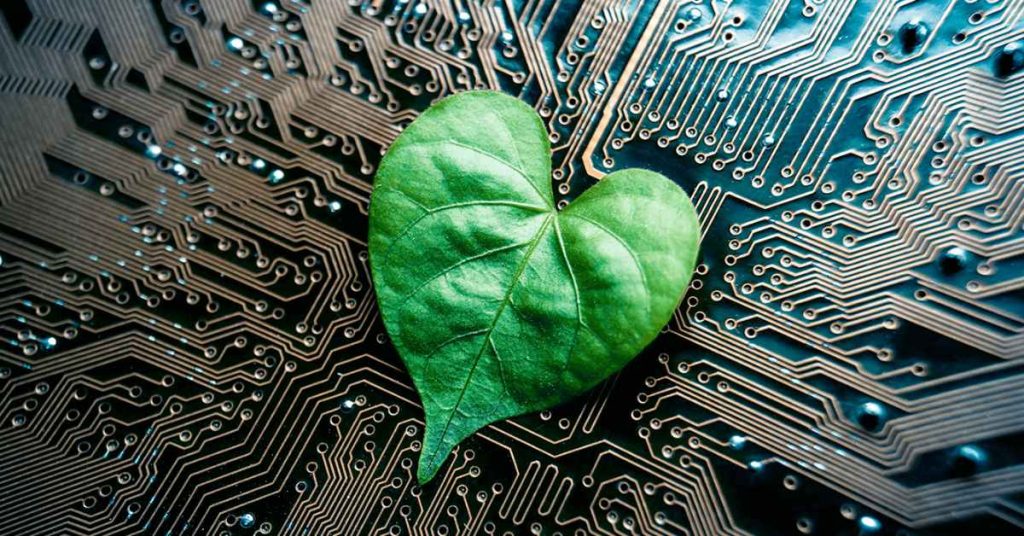 BENCOR's environmentally friendly PCB manufacturing, symbolized by a vibrant green leaf overlaid on a detailed image of a printed circuit board.