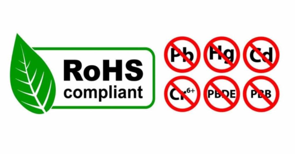 Image signifying BENCOR's adherence to RoHS standards, showing a green leaf logo with "RoHS compliant" and red symbols prohibiting Lead, Mercury, Cadmium, Hexavalent Chromium, PBDE, and PBB.