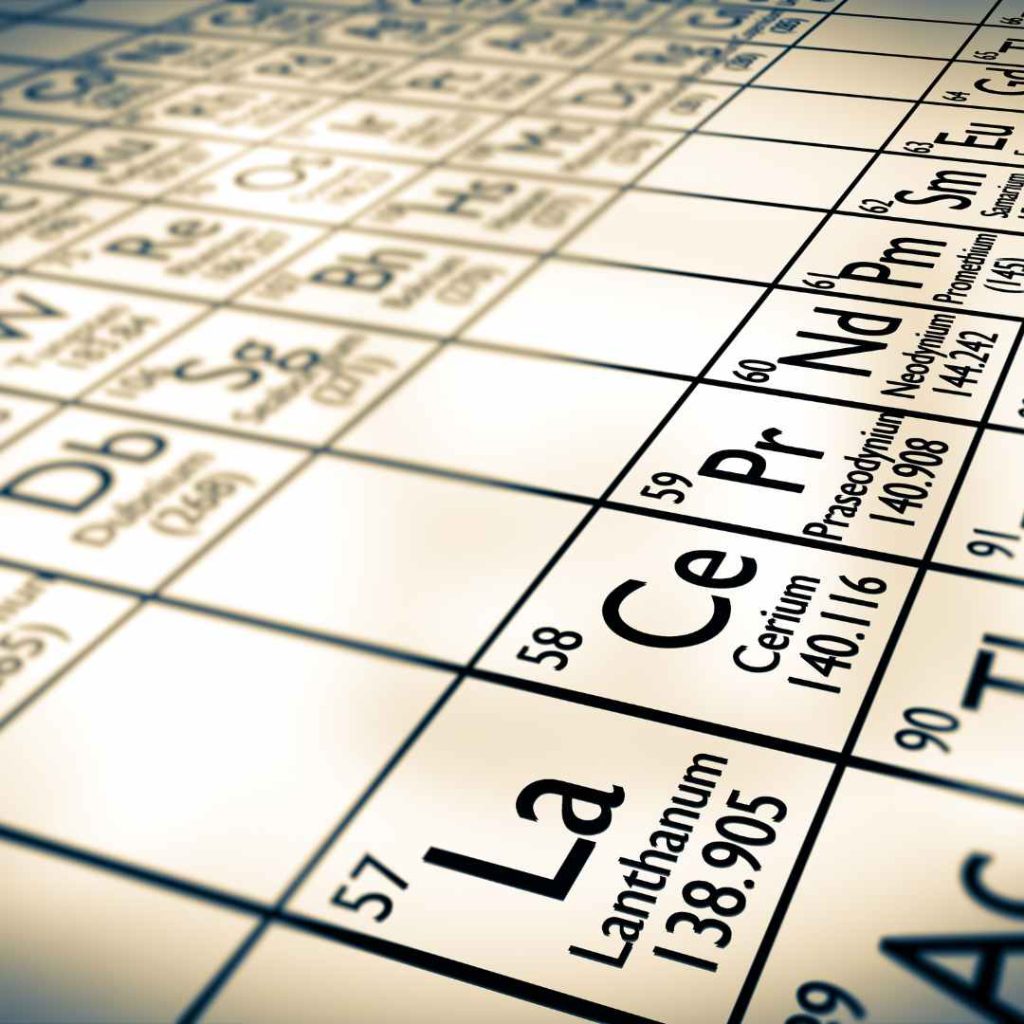 Close-up of the periodic table highlighting elements like Lanthanum and Cerium, symbolizing strategic material selection for high-temperature PCB applications.